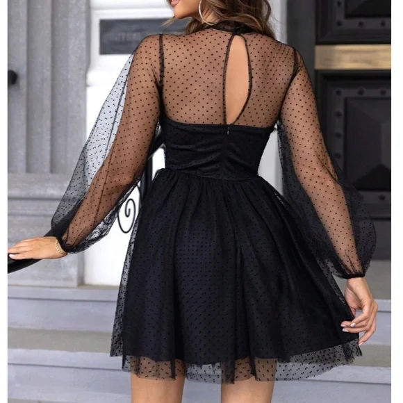 Luxe Polka Dot Sheer Evening Black Tie Formal Holiday Party Dress - Picture 4 of 4